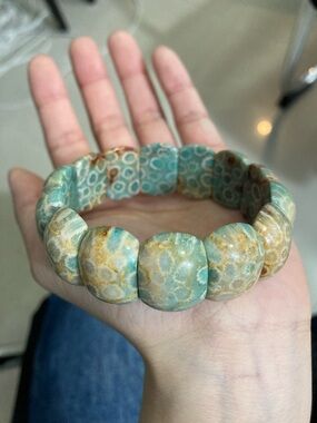 Coral Stone Handcrafted Ocean Jasper Stretch Bracelet in Teal and Gold